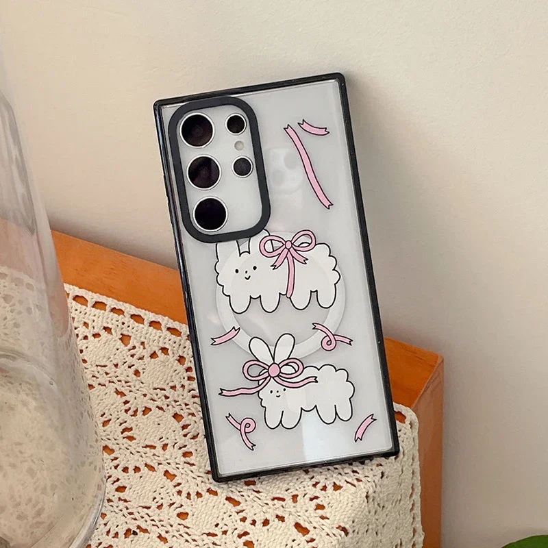 เคสขอบอะคริลิคสีดำลายแกะแกะน่ารักเคสสำหรับซัมซุงกาแล็คซี่ S22 S23อัลตร้า S24อัลตร้าเคสปกป้อง