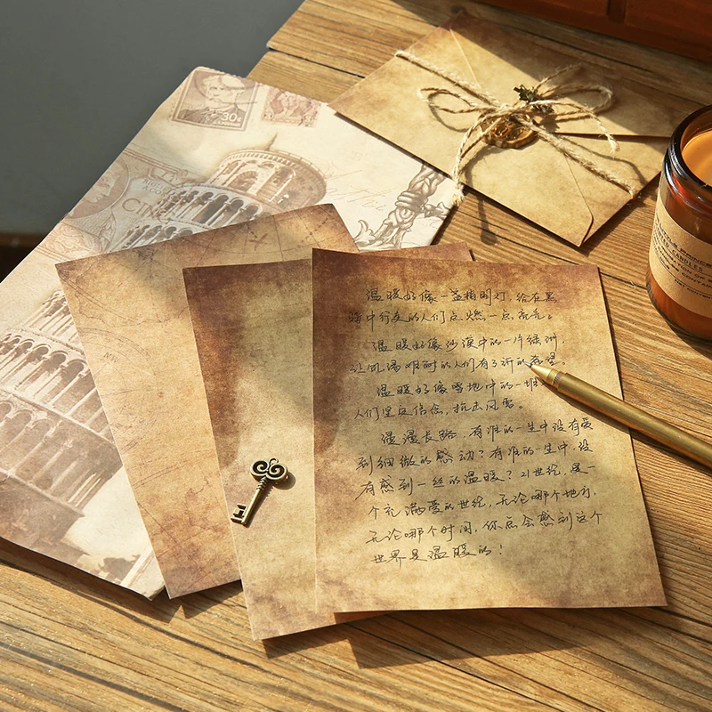 Vintage Kraft Paper Envelopes Letter Paper Set with Exquisite Pendant & Hemp Rope, Stationery Envelope Set Confession Letterhead