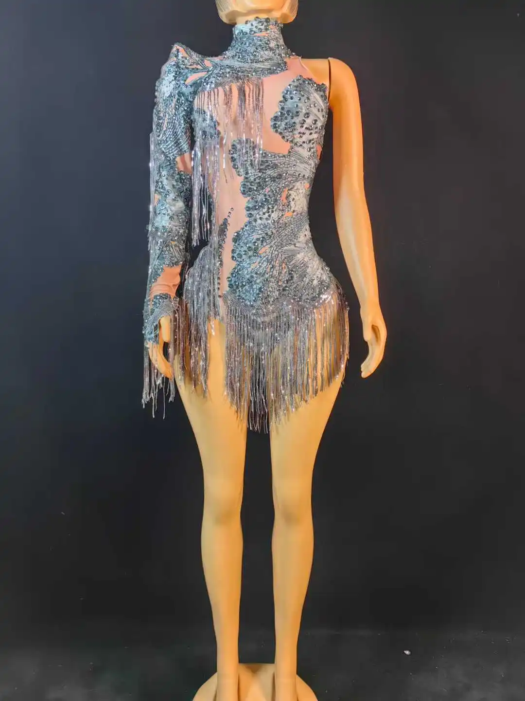 Single Sleeve Fringe Rhinestone Bodysuits For Women Drag Queen Costumes Night Club Stage Wear White Green Red Body Suits