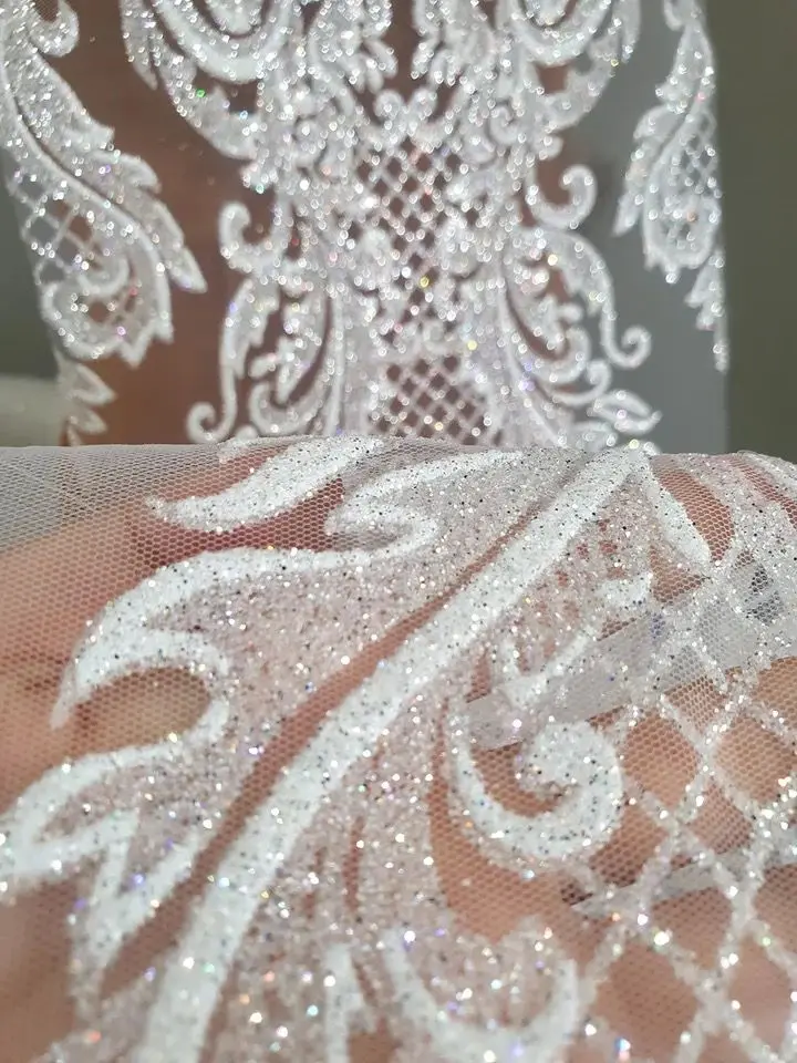 2023 Latest Gradiant Glued White color Shining Glitter 5 Yards/lot Tulle Mesh Fabric lace fabric for wedding dress/party dress