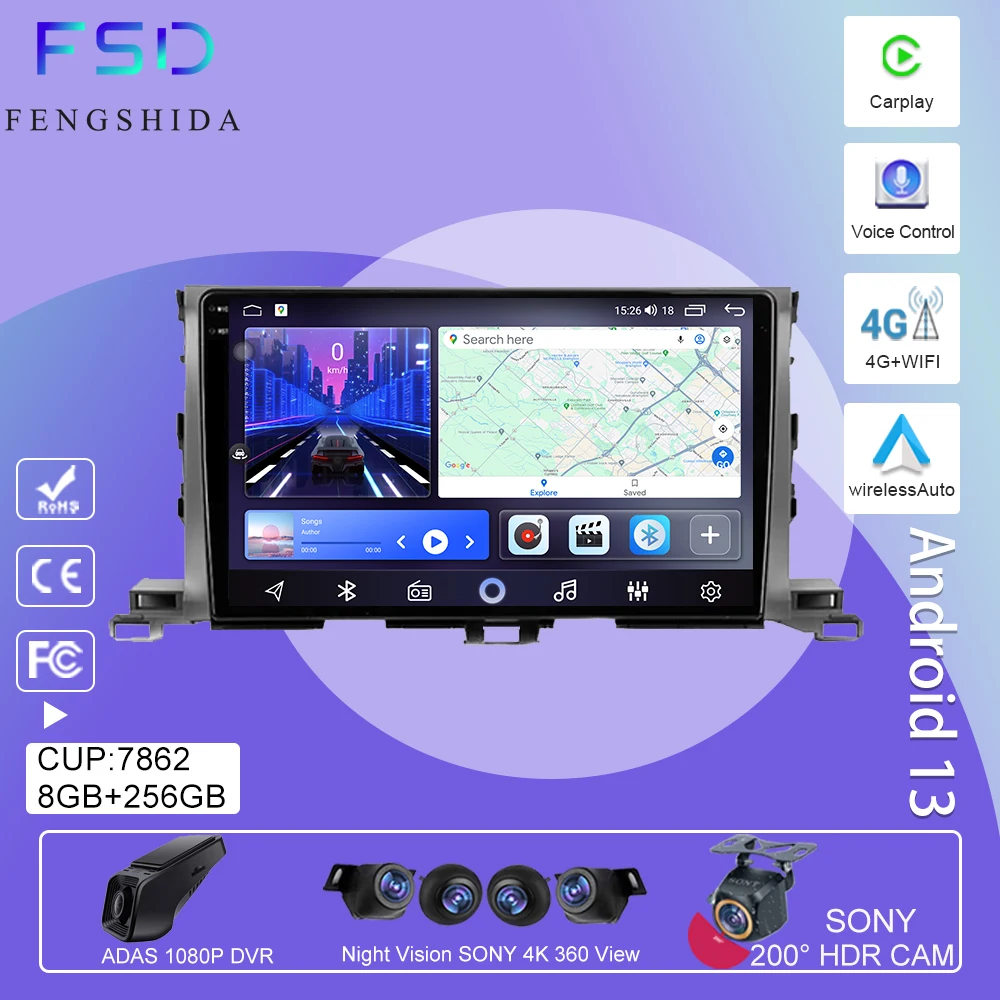 

Android Auto For Toyota Highlander 3 XU50 2013 - 2018 Car Radio Navigation GPS Multimedia Video Stereo Player 5G Wifi No 2din