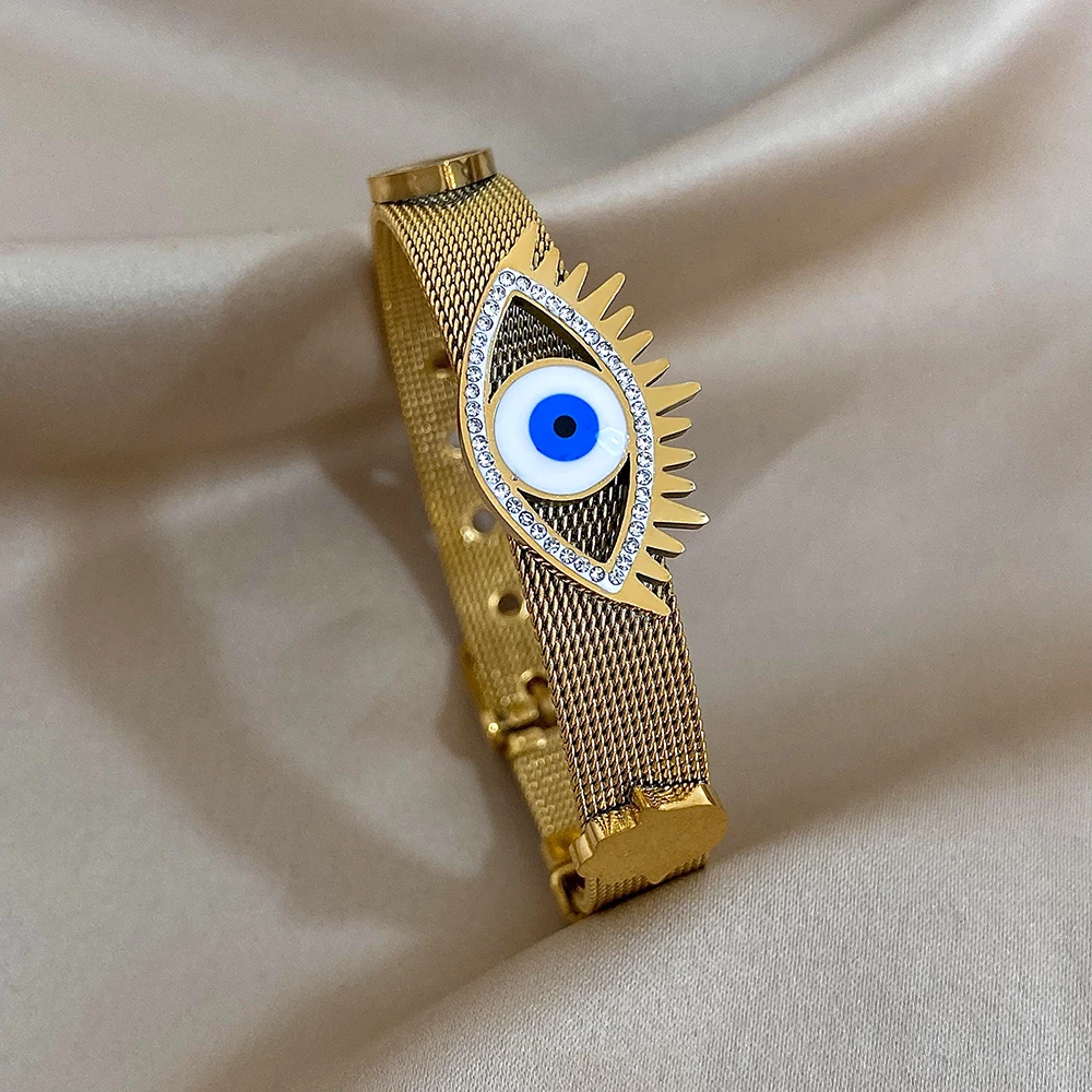 Evil Eye Stainless Steel Charm Bracelet, Rhinestone