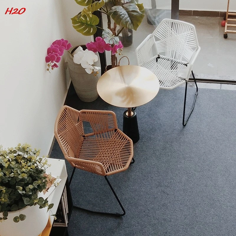 H2O Woven Single Chair Nordic Modern Simple Home Balcony Outdoor Garden Table Chair Rattan Chair Metal Back Dining Chair