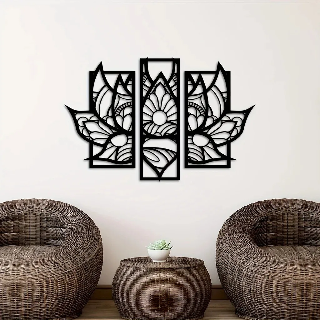 Set, Metal Mandala Wall Art Decor, 3D Wall Silhouette Sculpture, Black Lotus Flower Hanging Wall Decor,Decor Metal Wall Hanging