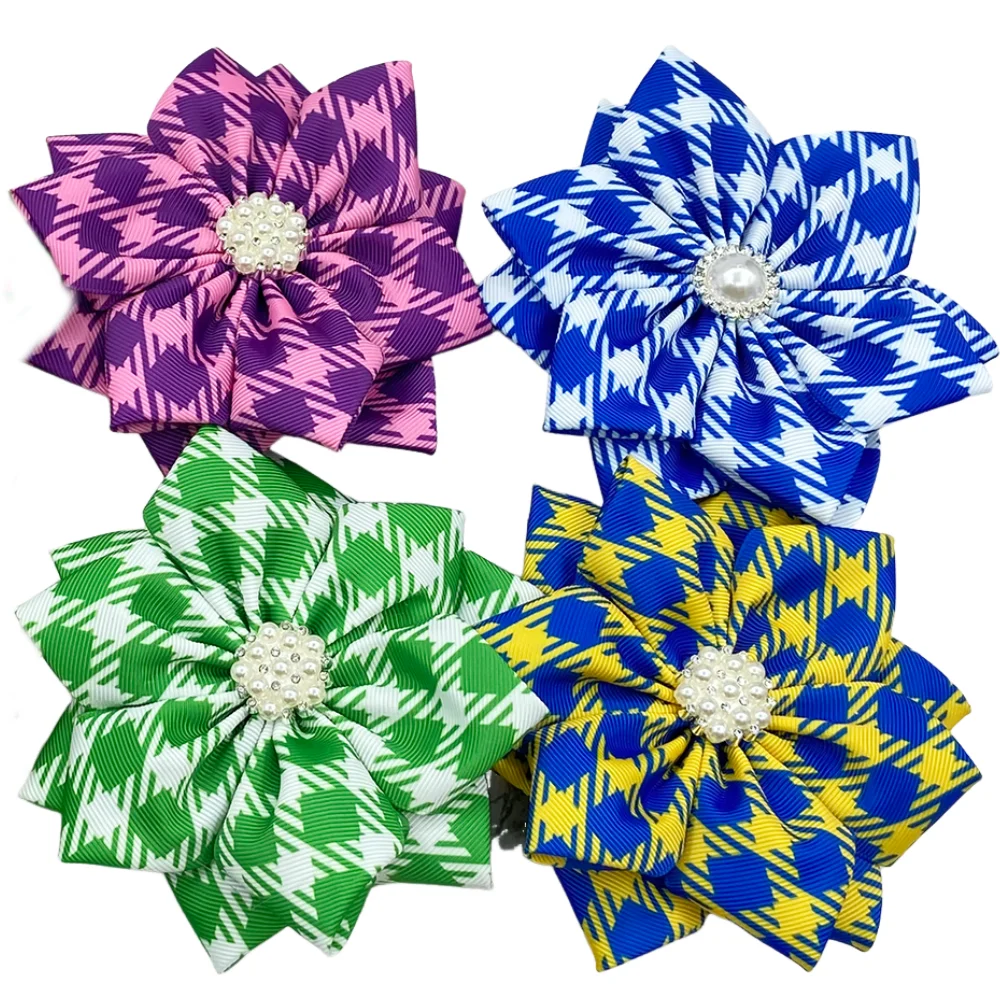 25 pieces 5 inches sorority color gingham grosgrain ribbon flower brooch