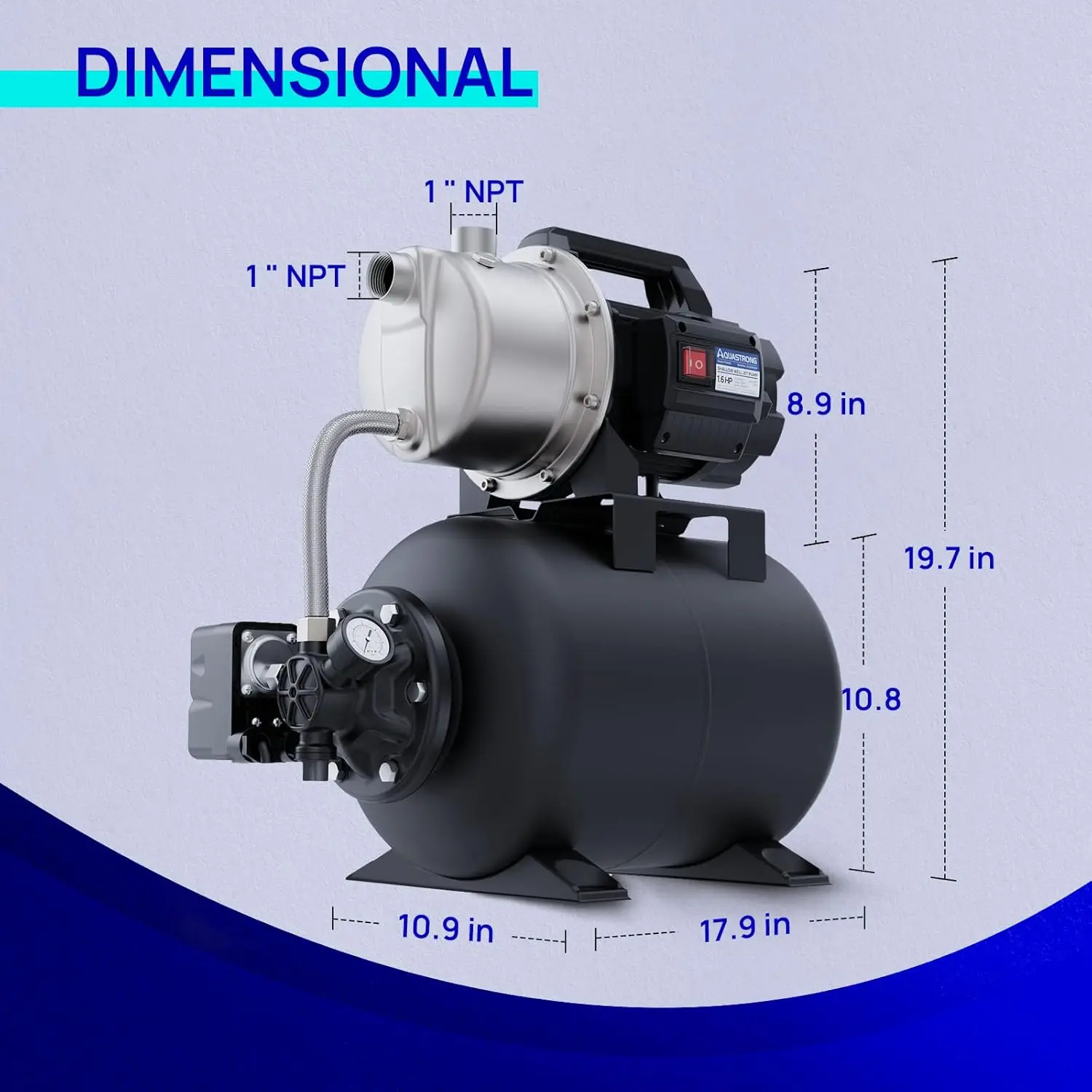 1.6HP Shallow Well Pump with Pressure Tank, 1320GPH, 115V, Stainless Steel Irrigation Pump, Automatic Water Booster Jet Pump