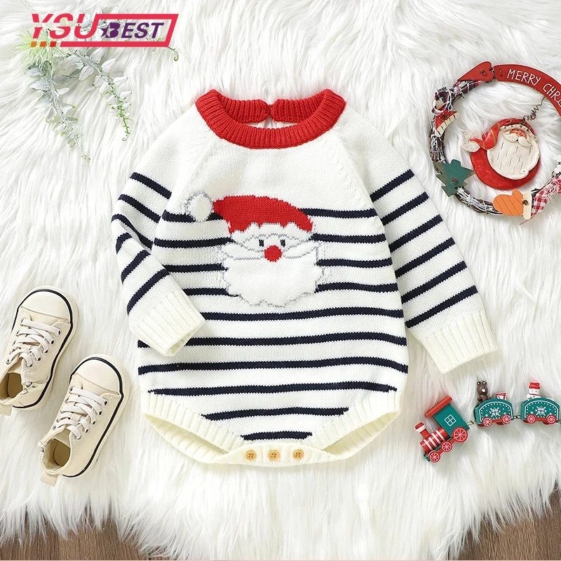 

Christmas Santa New Baby Infant Knit Rompers Toddler Boy Girl Sweatshirt Christmas Stripe Bodysuit Autumn Winter Clothes Sweater