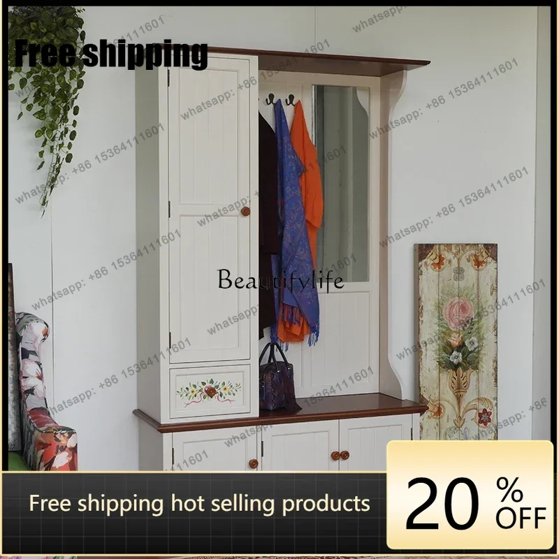 Factory Direct American Style Entrance Cabinet Coat and Hat Storage Rack Rustic Antique Furniture Shoe Changing Stool