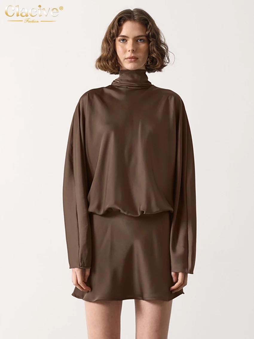 

Clacive Fashion Loose Brown Satin Women Dress 2026 Spring Stand Collar Long Sleeve Mini Dresses Elegant Classic Solid Female Dre