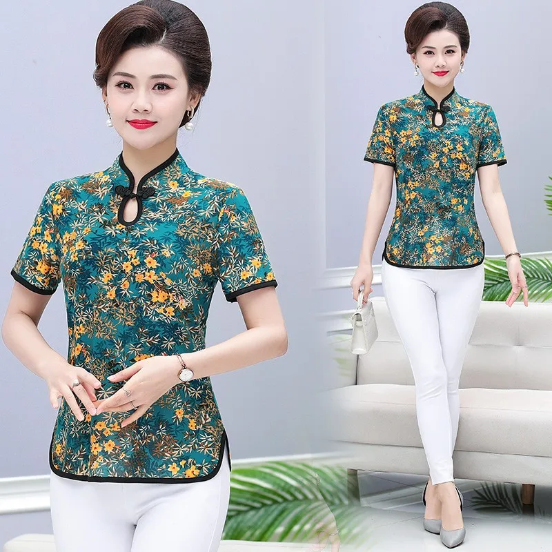 T-shirt donna estiva Vintage donna colletto Cheongsam stampa elegante top donna pullover selvaggio t-shirt Slim fit