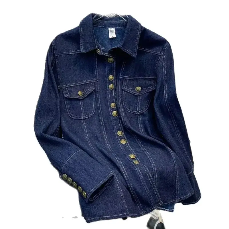 Spring Autumn Denim Shirt Women 2024 New Fashion Loose Vintage Casual Tops Thin Jacket Turndown Collar Button Outerwear Female