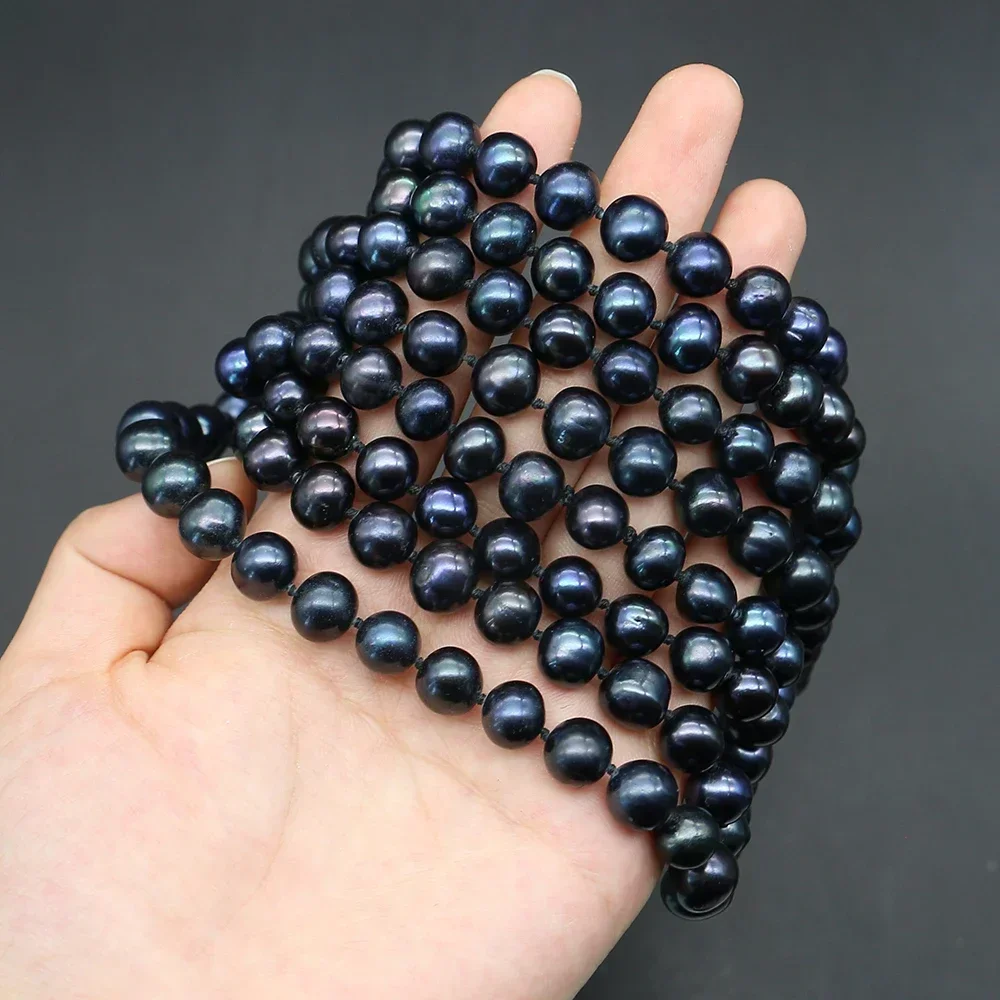 Unique Fashionable Natural Freshwater Dyed Black Straight-hole Long Round Pearl Beaded Charms Necklaces Jewelry Gift Ornaments