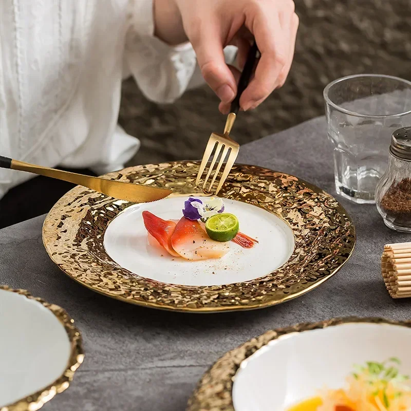 Wide Gold Edged Stone Patterned Ceramic Western Dish Plate, Soup Bowl, Sushi, Dessert Plate, Featured Hotel Circular Dish