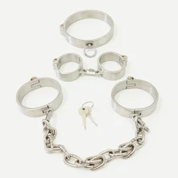 Stainless Steel Detachable Buckle Chain Lockable Neck Collar Wrist Handcuffs Ankle Cuffs Slave BDSM Bondage Restraints Sex Toys