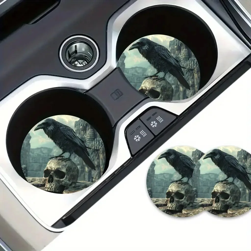 2pcs Halloween Crow And Skull EVA Cup Holder, 2.75inch- Suitable For Vehicles And Homes, Unique Drink Coasters, Durable Car Inte