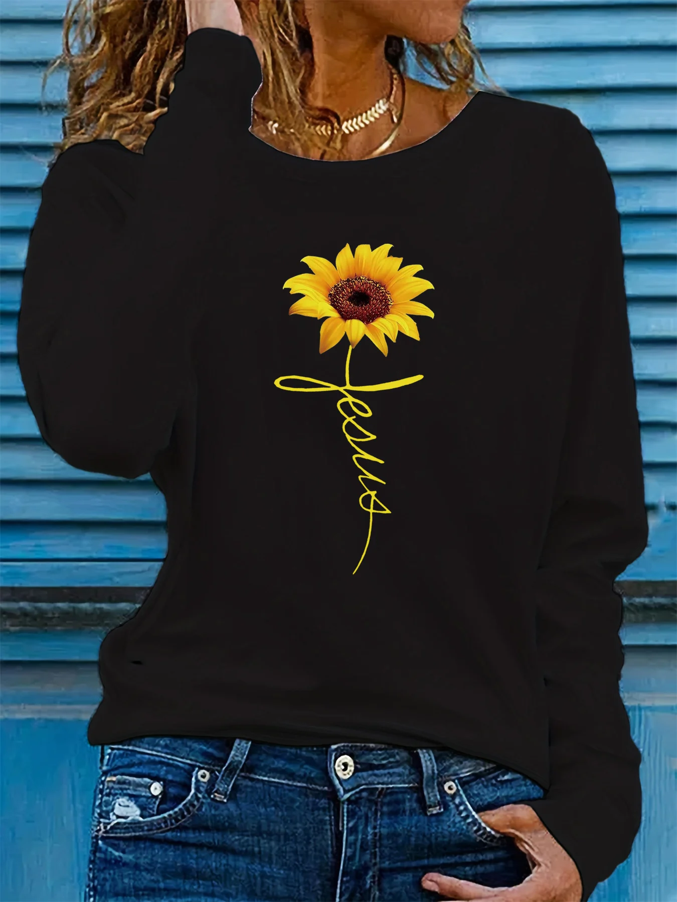 100% Pure Cotton Women's Spring and Autumn Loose Comfortable sunflower Cross Pattern Printed Long Sleeved Round Neck T-Shirt