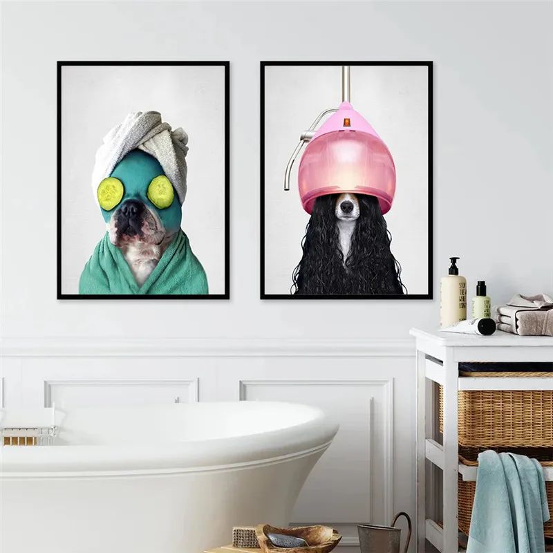 A Dog In A Bathrobe Canvas Painting Animal Poster Bathroom Wall Art Washroom Kids Baby Room Decoration Home Decor Picture