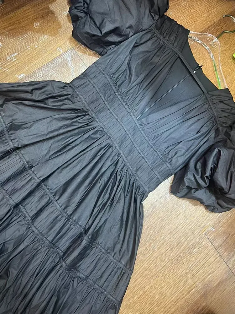 2025 verano mujer sexy escote en V profundo manga de burbuja plisado vestido de cintura alta moda dobladillo suelto falda pommel