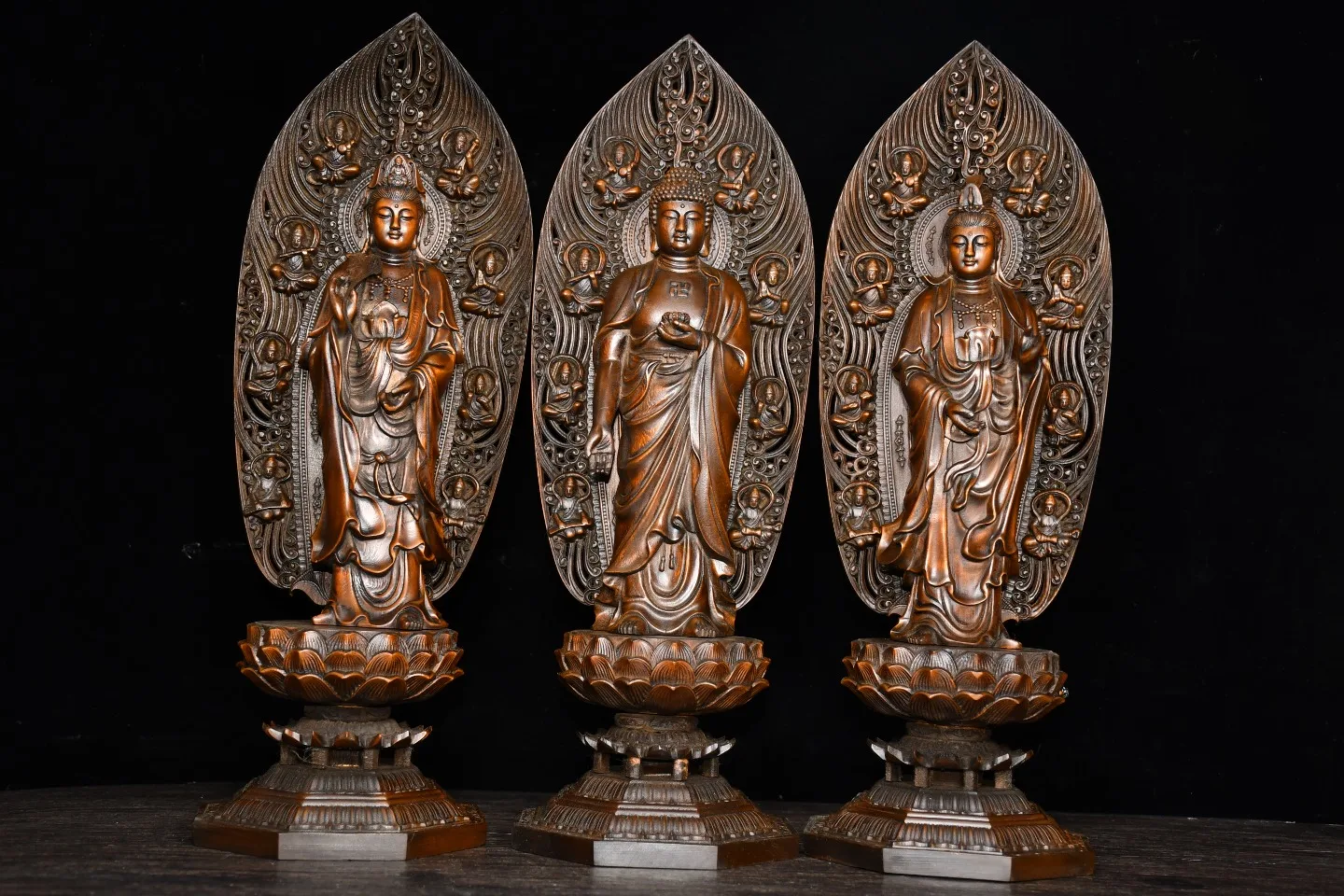 

17"Tibetan Temple Collection Old Boxwood Three Saints of the West Guanyin Shakyamuni Backlight lotus platform worship buddha