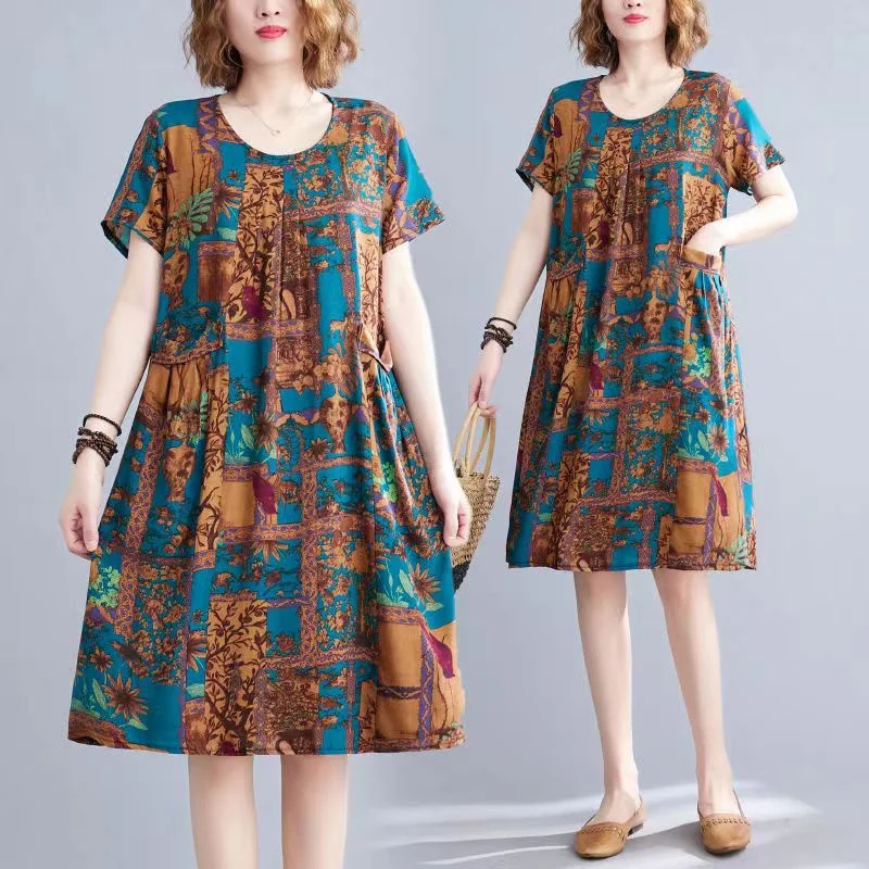 

Mommy Dress Cotton Silk Plus-size Dress Summer Cover Belly Loose Thin Short Sleeves Middle-aged And Elderly Floral Fashion Dress