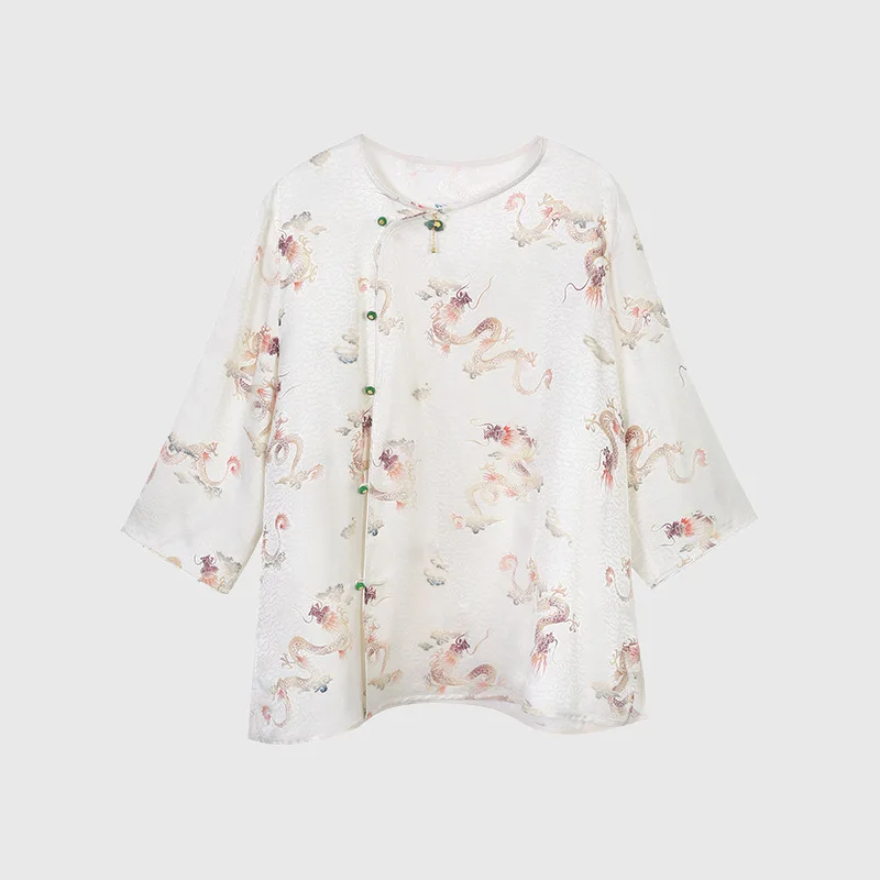High Quality Women's Spring and Summer New Chinese Flower Rose Shirt Ladies Vintage Print Button Cardigan High-End Silk Top