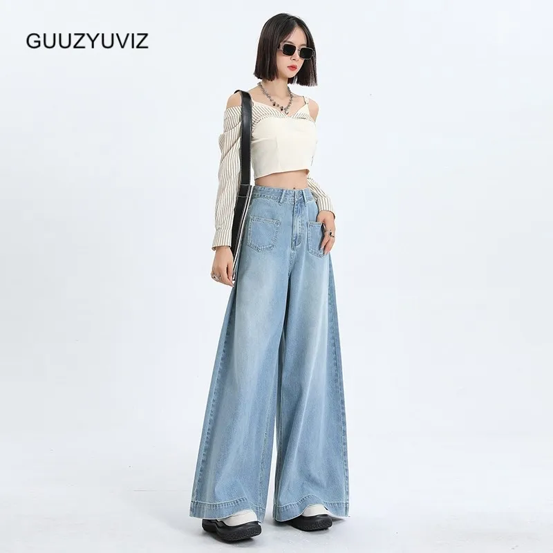 

GUUZYUVIZ Wide Leg Jeans Woman Casual Fashion Denim Trousers Loose Simply Chic Baggy Pants Ladies Black Grey Blue