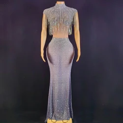 Customized New Sexy Tassels Lace Diamond Pearl Sequins Feather Water Diamond Wrap Hip Dress Long Dress Performance Dress