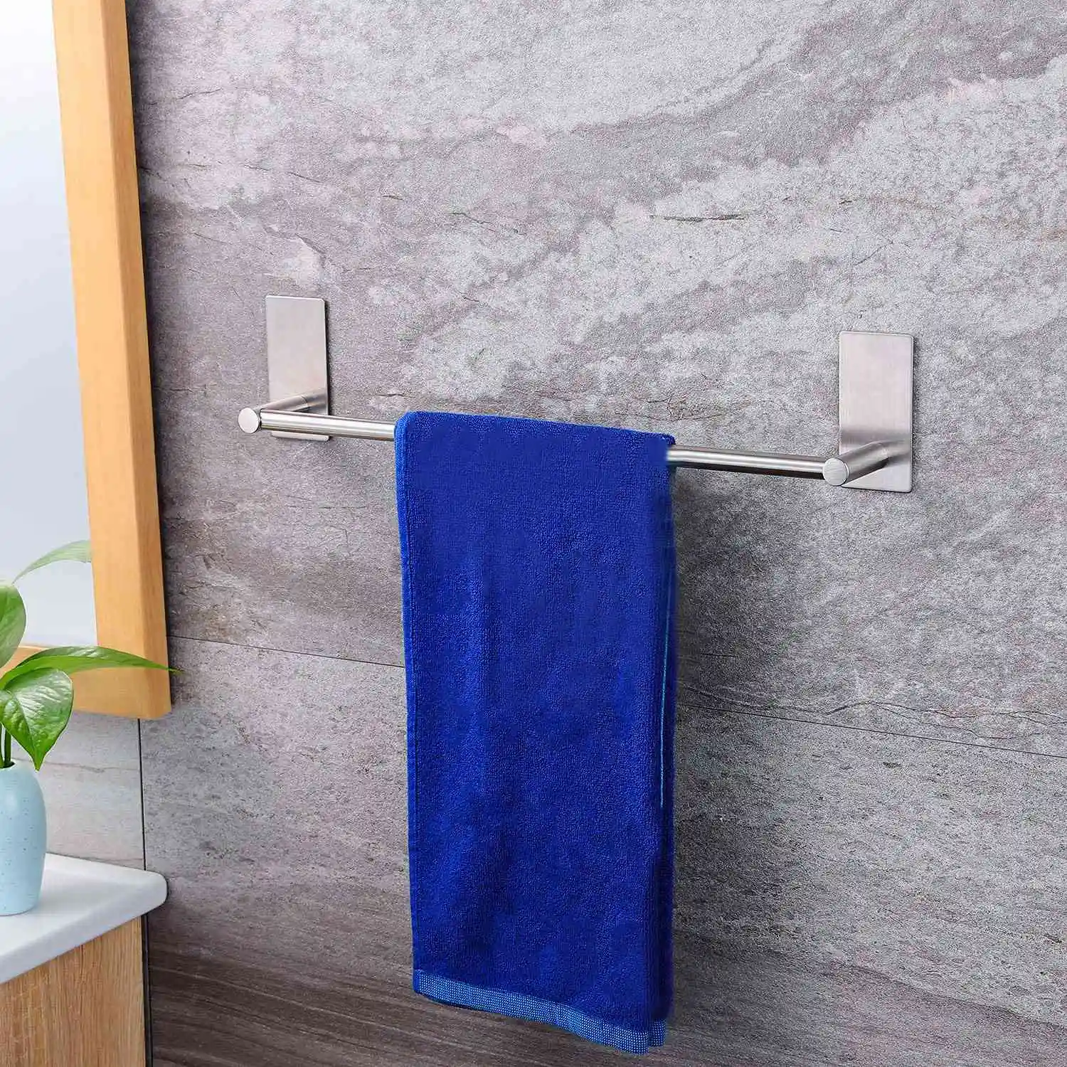 Towel Holder with 2 Packs Adhesive Hooks 16-Inch Hand Towel Rack Towel Hook Stick on Wall, Bathroom Hardware Silver