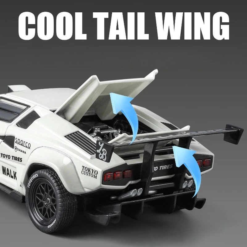 Simulazione Scala 1/32 Countach Liberty LBWK Modello di auto in lega Suono e luce per bambini Pull-Back Veicolo giocattolo in metallo Regalo di nascita