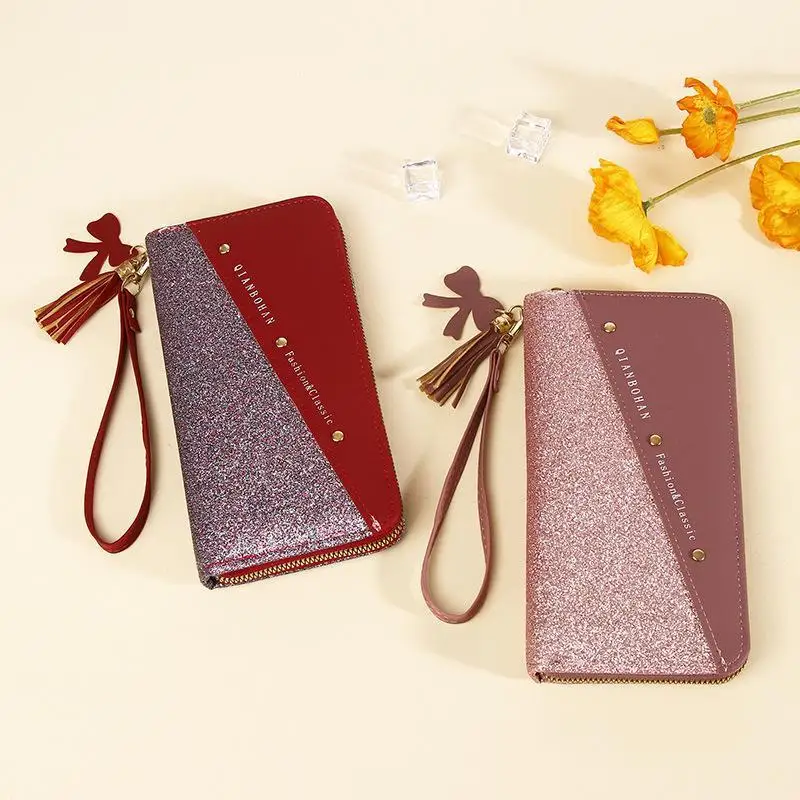 Modische Damen-Portemonnaies aus Kunstleder, lange Ausführung, mit Pailletten, Patchwork-Design und Glitzer, Münzgeldbörse, Damen-Geldbörsen, Geschenkidee für Mädchen. – Detail 2