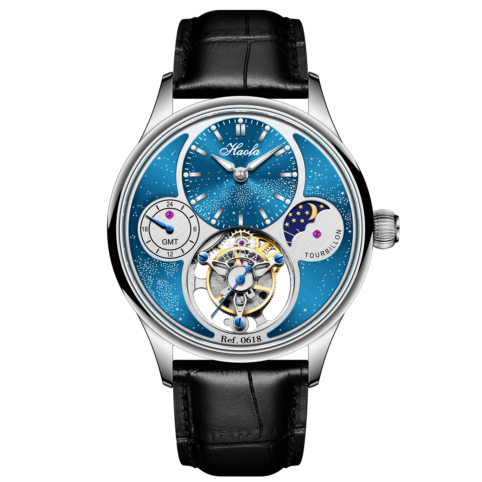 Haofa Mechanical watch Man Tourbillon Starry Sky Day and Night GMT 316 Stainless Steel Full Grain Cow Leather 19 Jewels 0618