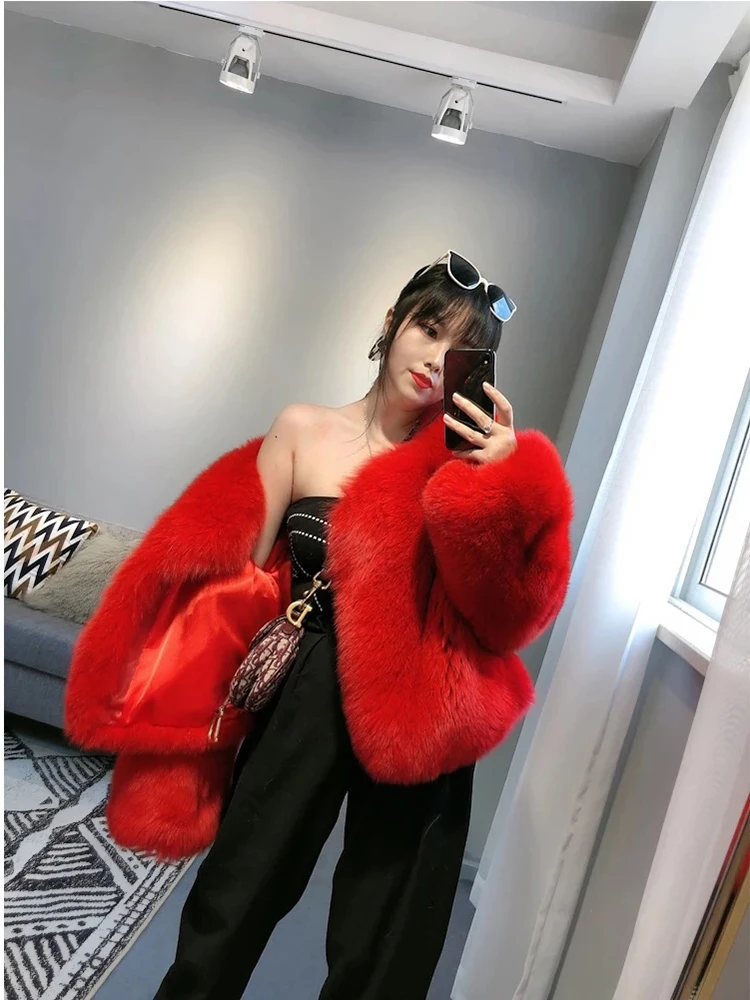 Asymmetric Collar Solid Natural Fox Fur Coat Women Winter New Casual Yellow Outertwear Genuine Fashion Real Fur Jacket Female