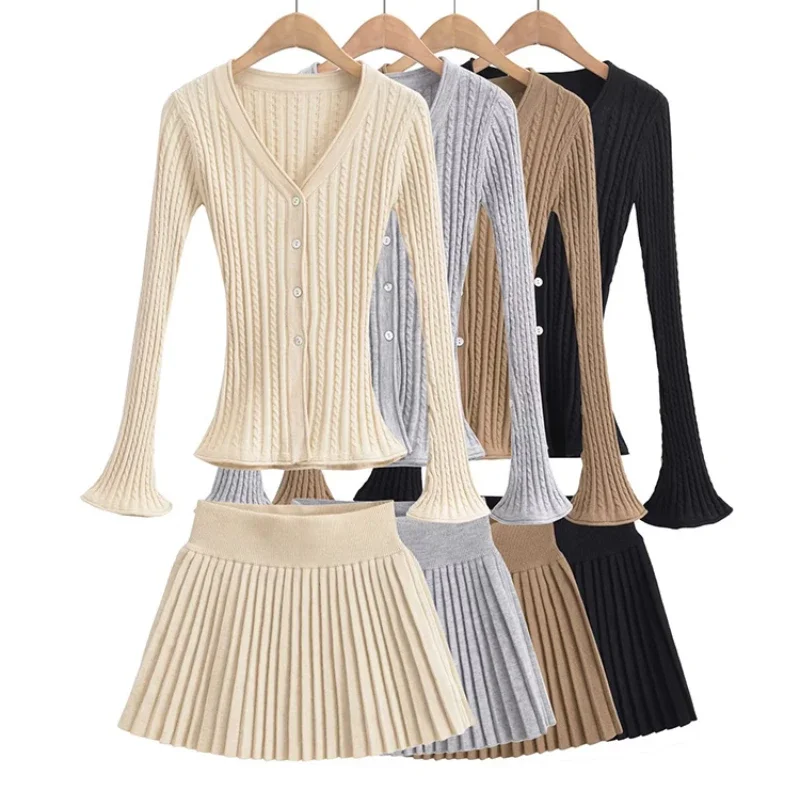 

Women Fashion 2 Piece Sets Solid Knitted Sweater & Vintage Pleated Mini Skirts Female Chic Lady Skirts Suits