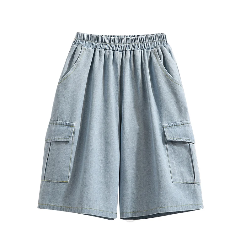 Plus size cintura alta solto ajuste cinco Polegada orts feminino verão fino denim plus size calças de perna larga corte reto calças de algodão