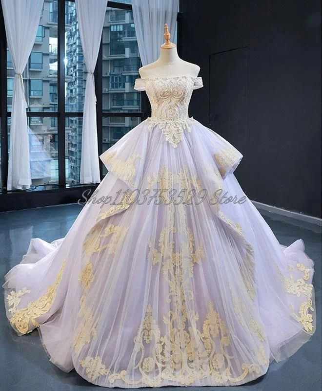 Fantasy Light Purple Victorian Prom Dresses Delicate Lace Applique Sheath Card Shoulder Evening Tulle Ruffle Long Gowns Customed