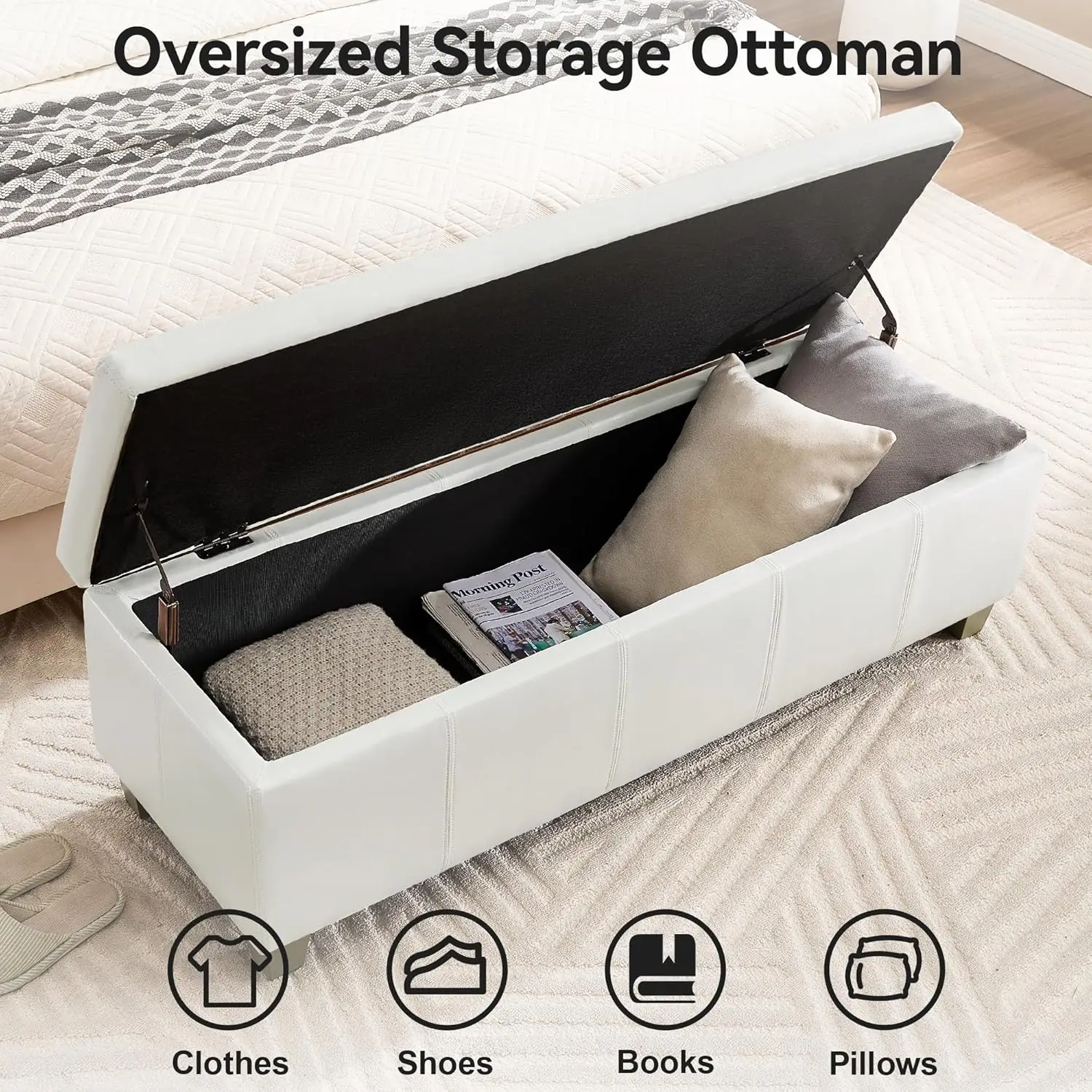 مسند تخزين من الجلد الصناعي مقاس 51 بوصة، مقعد سرير منجد معنقدة، أريكة المدخل، أبيض