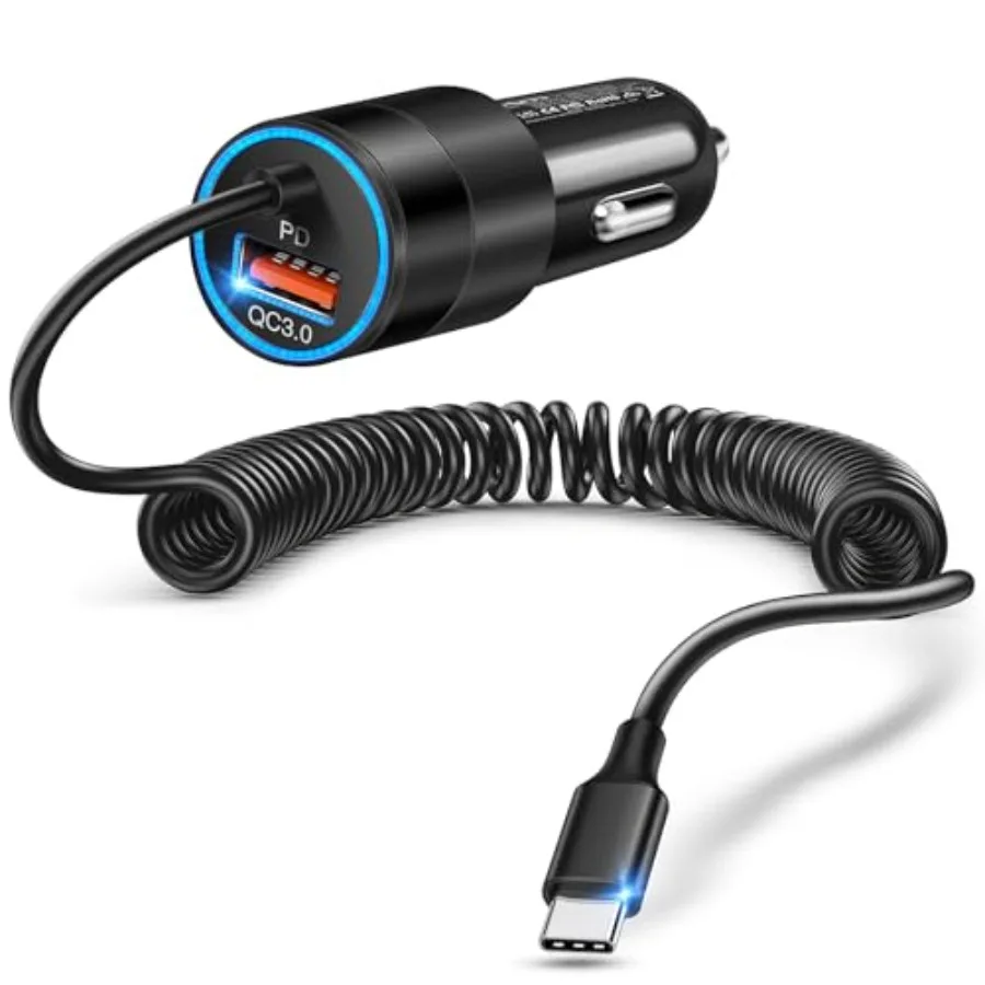 

USB C Car Charger, 38W Dual Ports USBC and USB-A Cigarette Lighter Adapter Fast Charging Phone Plug with Bulit-in 1.2m Coiled C