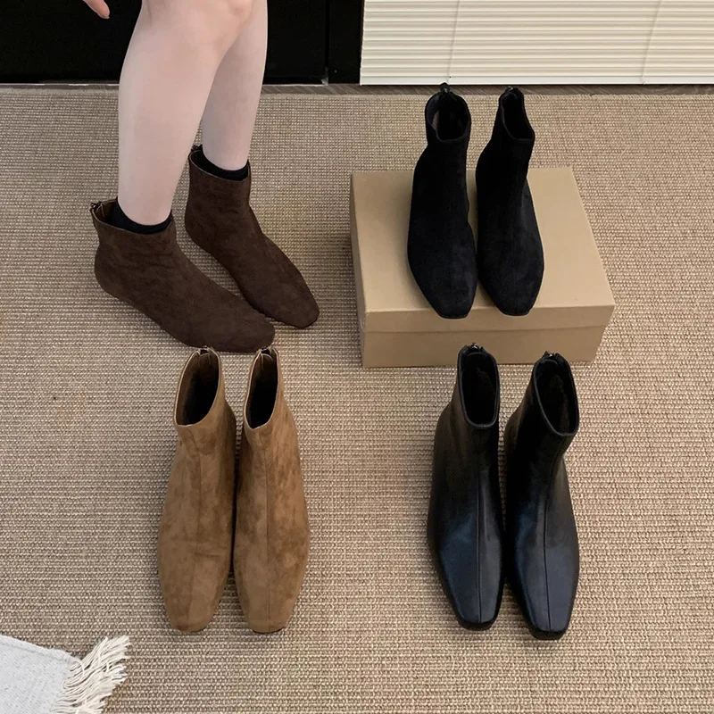 Senhora botas de inverno sapatos para mulheres botas com zíper-mulheres 2024 borracha outono tornozelo med rock rebanho pu costura sólida dedo do pé quadrado equitação h