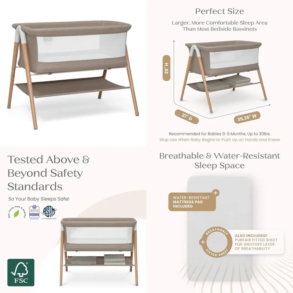 

Прикроватная люлька Bondi Chwood с дышащей сеткой и SC-сертифицированным деревом, коричневая