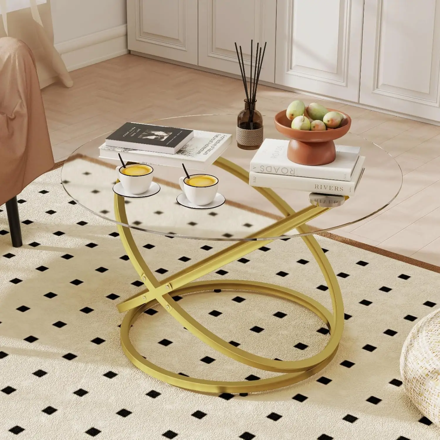 

Glass Coffee Table, Round Coffee Table With Ring Gold Metal Frame, Large Modern Minimalist Coffee Table For, Customized