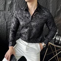 Luxury Flower Jacquard See Through Lace Shirt for Men Sexy Single Breasted Slim Men's Shirts Prom Club Elegant Camisas De Hombre