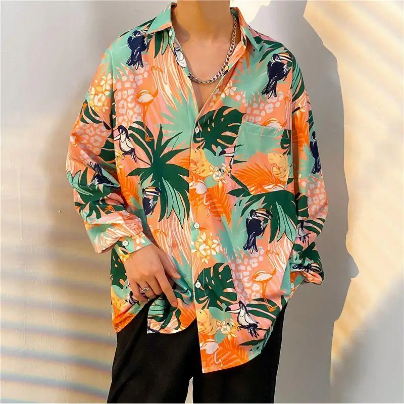 

Retro Long Sve Men's irt Autumn Faion Loose Drapey Print Casual Chic Polyester Fiber Stand Fit Anti-Radiation irt