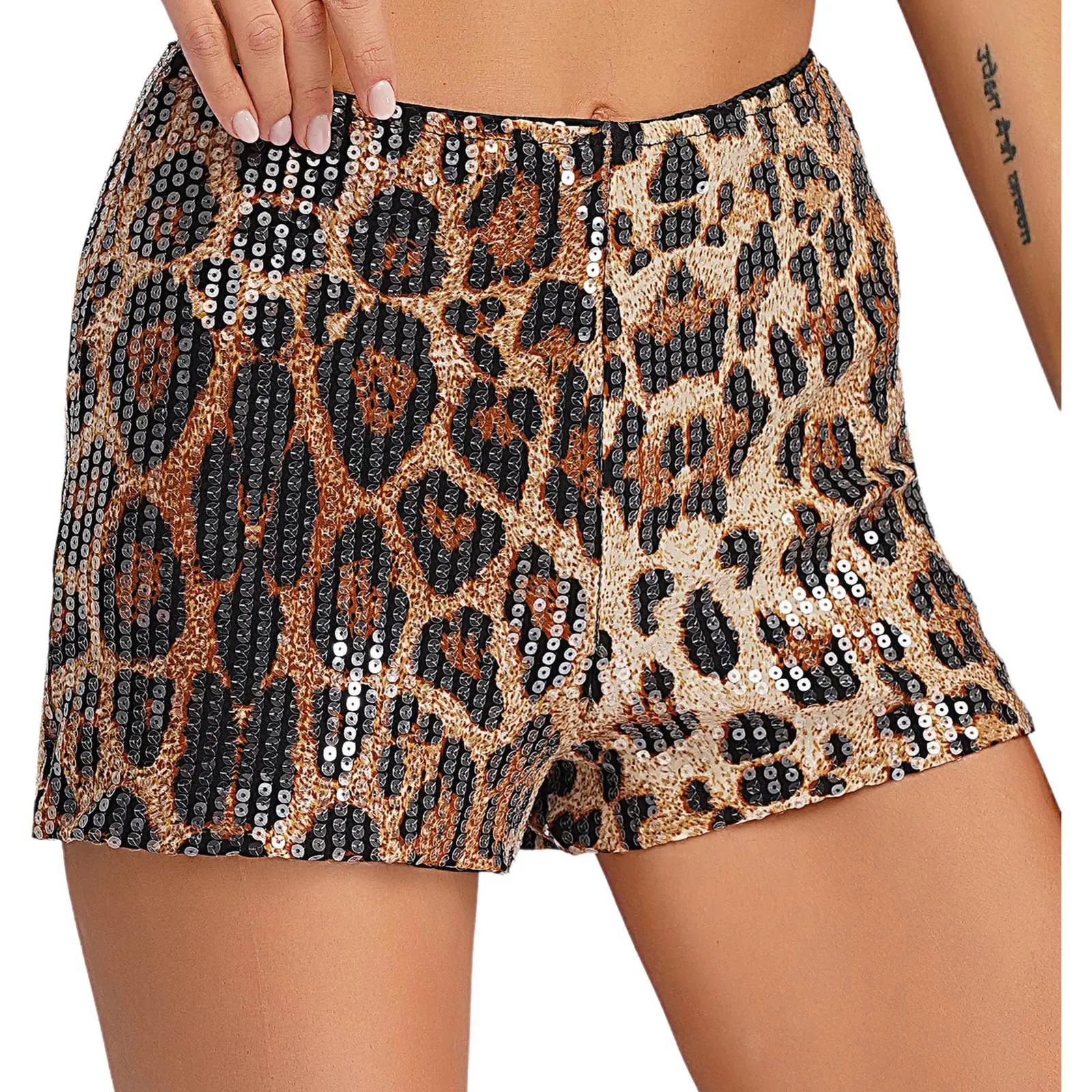 Womens Cheetah Print Shorts Shiny Sequins Leopard Micro Shorts Y2k Mini Shorts Party Fashion Shorts Rave Outfits