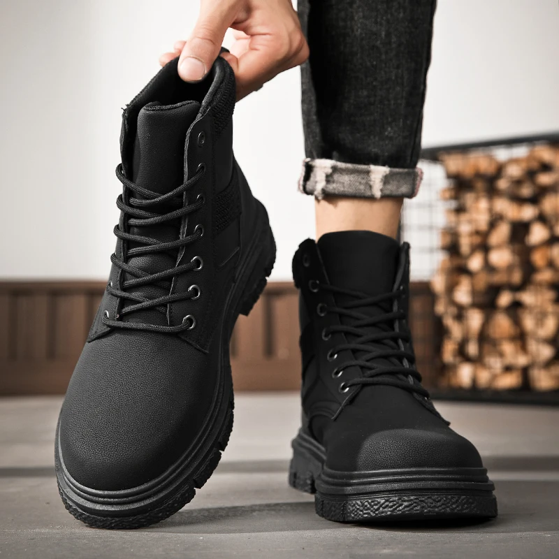 Men Ankle Boots Platform High Top Black Motorcycle Boot Trendy All-match Fashion Water Proof Wear-resistant Outdoor Elastic