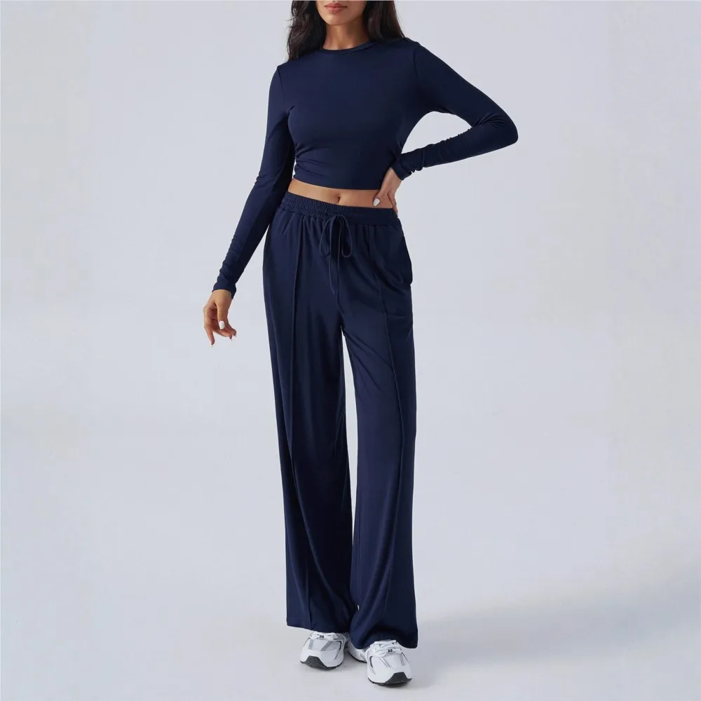Traje de Otoño Invierno para mujer, pantalones informales de pierna ancha a la moda con cintura de Color sólido de encaje, estilo Simple holgado que combina con todo, cómodo