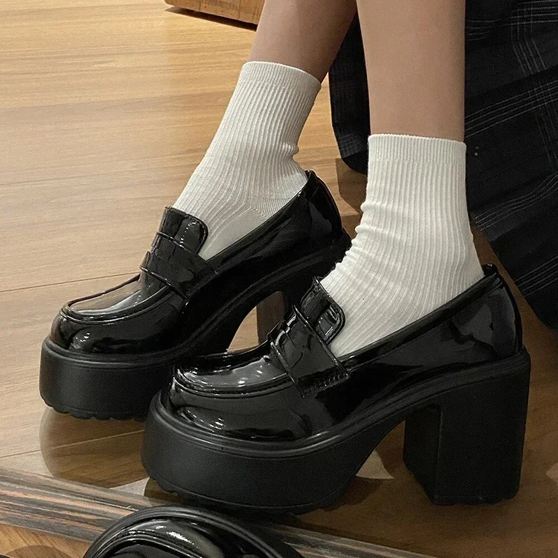 

Gothic Chunky High Heels Pumps for Women 2025 Spring Patent Leather Platform Loafers Woman Black Thick Heeled Jk Lolita Shoes