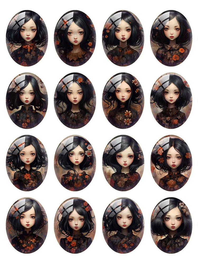 10pcs/lot Japanese Beauty Girl Flower Oval Photo Glass Cabochon Flatback Demo Cameo Diy Jewelry Making