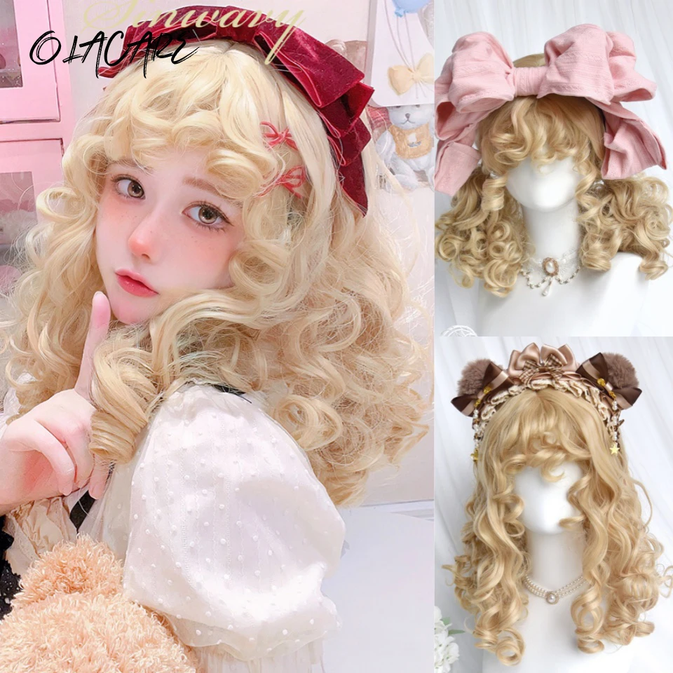

Synthetic Long Wavy Lolite Wig with Bangs Medium Length Wig Girl Cute Blonde Cosplay Party Halloween Harajuku Wig For Women LM