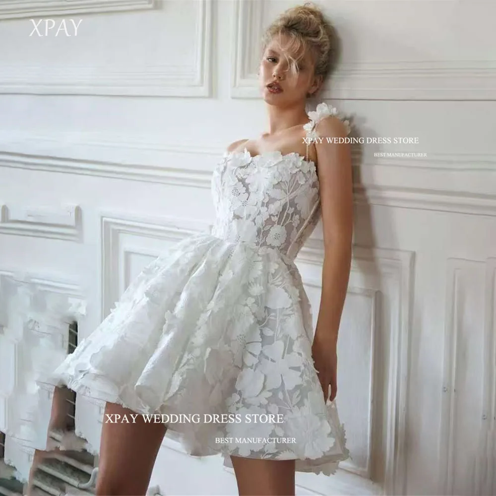 

XPAY Luxury Lace Flower Wedding Dresses A-line Mini Short One-Shoulder Pearl Flower Bride Gowns Bride Party Gowns Customized