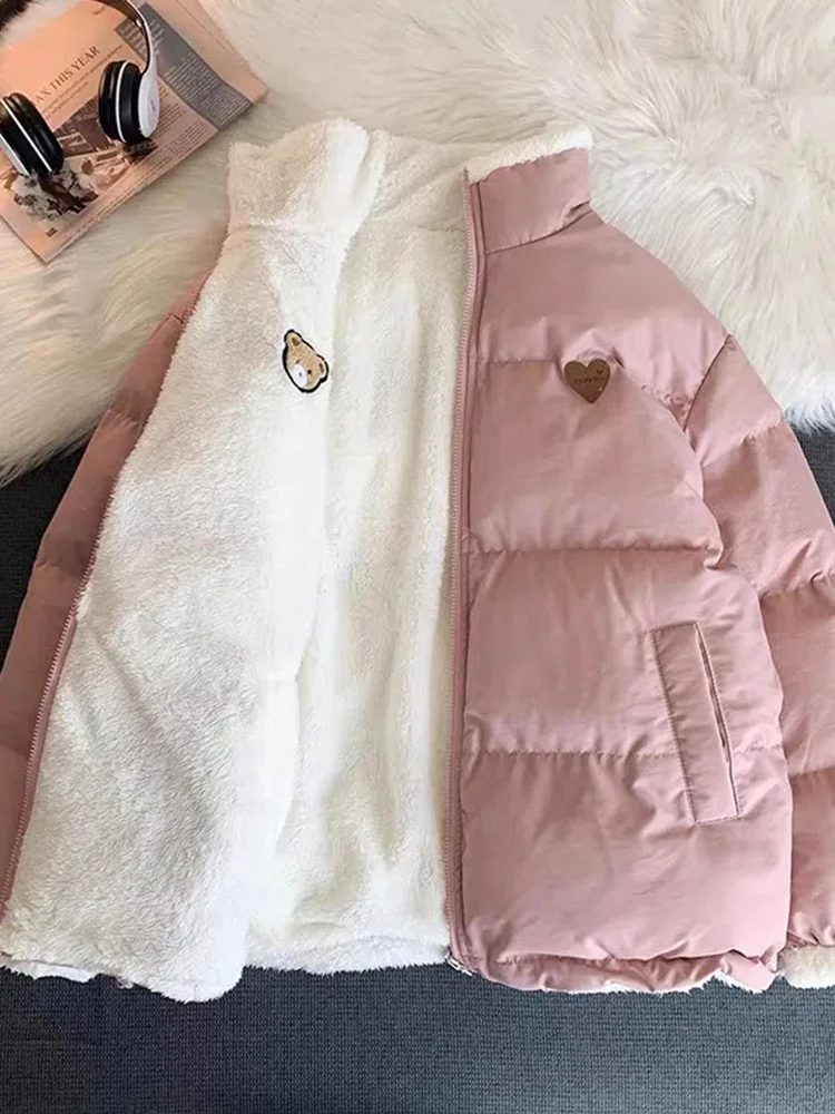 JMPRS Cute Embroidery Women Parkas Coat Winter Thick Hairy Korean Loose Warm Jacket Double Sided Design Pink Student Clothes